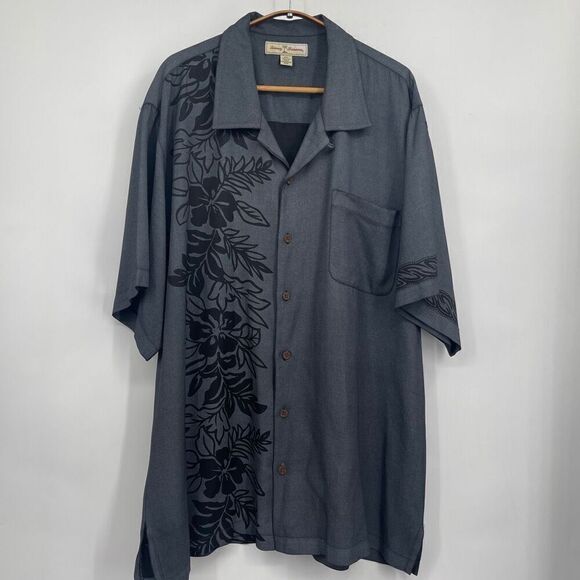 Tommy Bahama Dark Gray Silk Hawaiian Floral Long Sleeve Button-Up Shirt 2XL - Picture 1 of 5